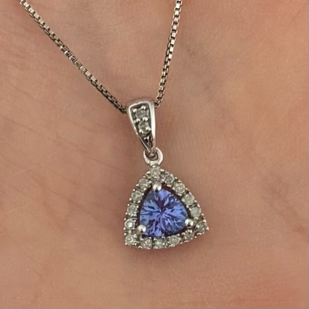 925 Sterling Silver Genuine Tanzanite & Diamond Pendant Necklace